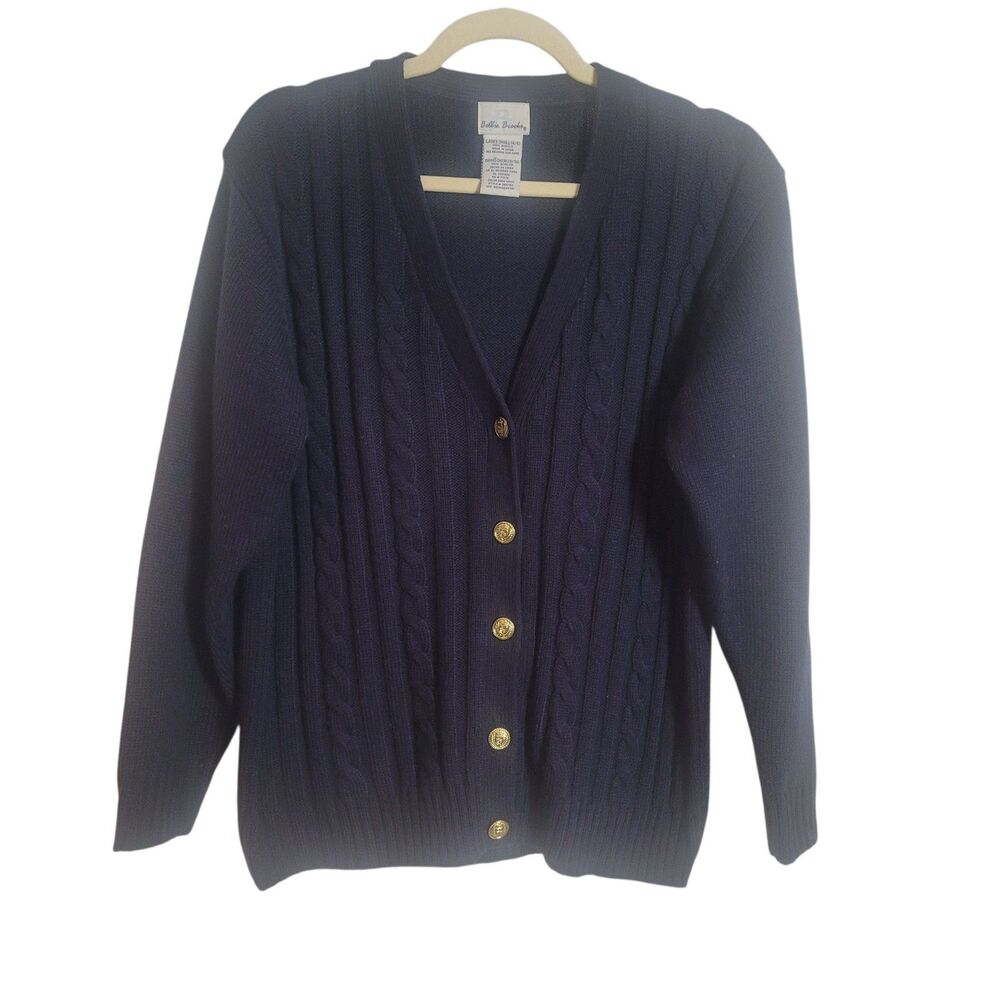 Bobbie Brooks Cable Knit V Neck Cardigan Women's Small S Navy Gold Button Preppy